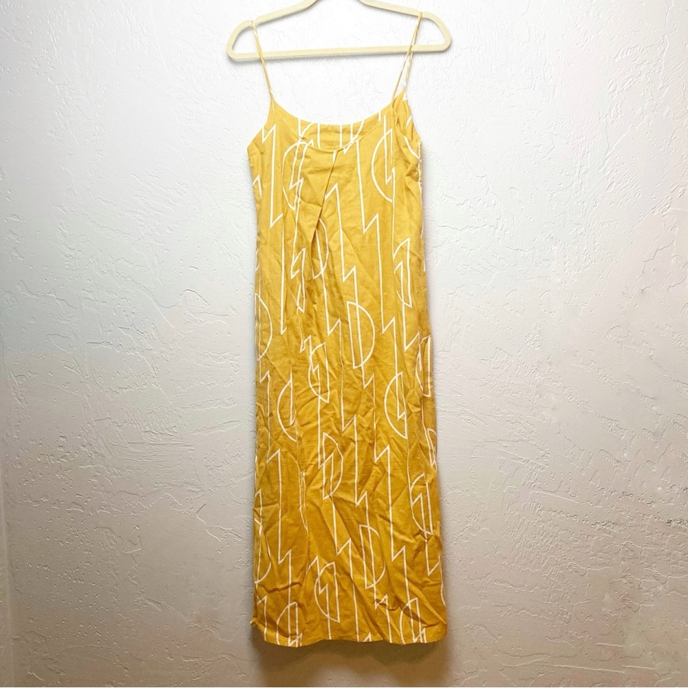 BEL KAZAN yellow printed rayon linen blend sleeveless midi dress with buttons